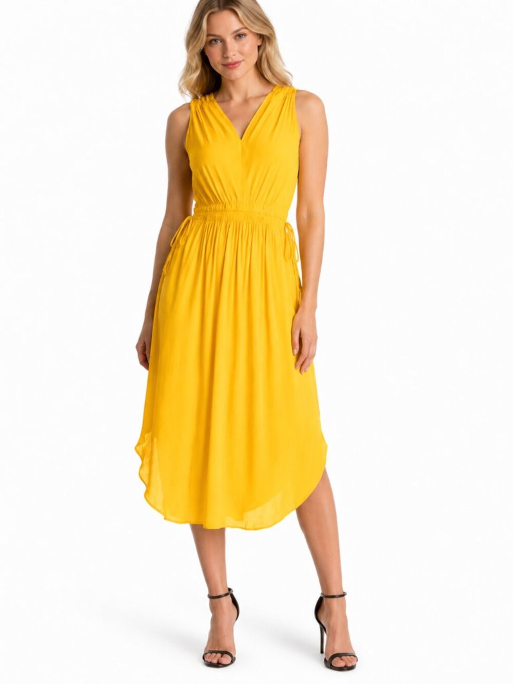 T Tahari Yellow V-Neck Sleeveless Drawstring Midi Dress Sunset Hour Medium NEW